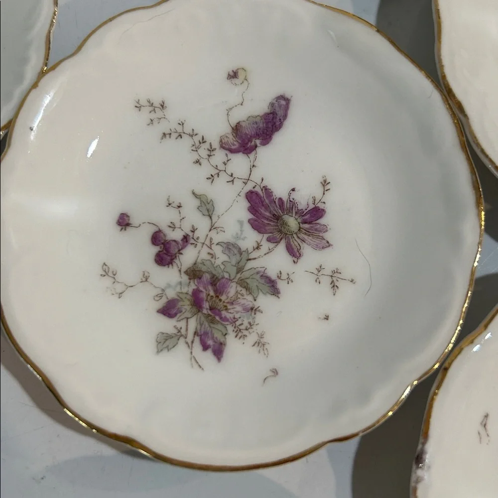 Antique L.S.&S. Carlsbad Austria Hand Painted Floral Plates Set  7 Gold Trim 3.5